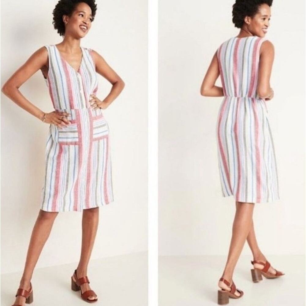 Old Navy Linen Blend Stripe Dress Small Knee Length Button Front Cottage Tank - Picture 1 of 7
